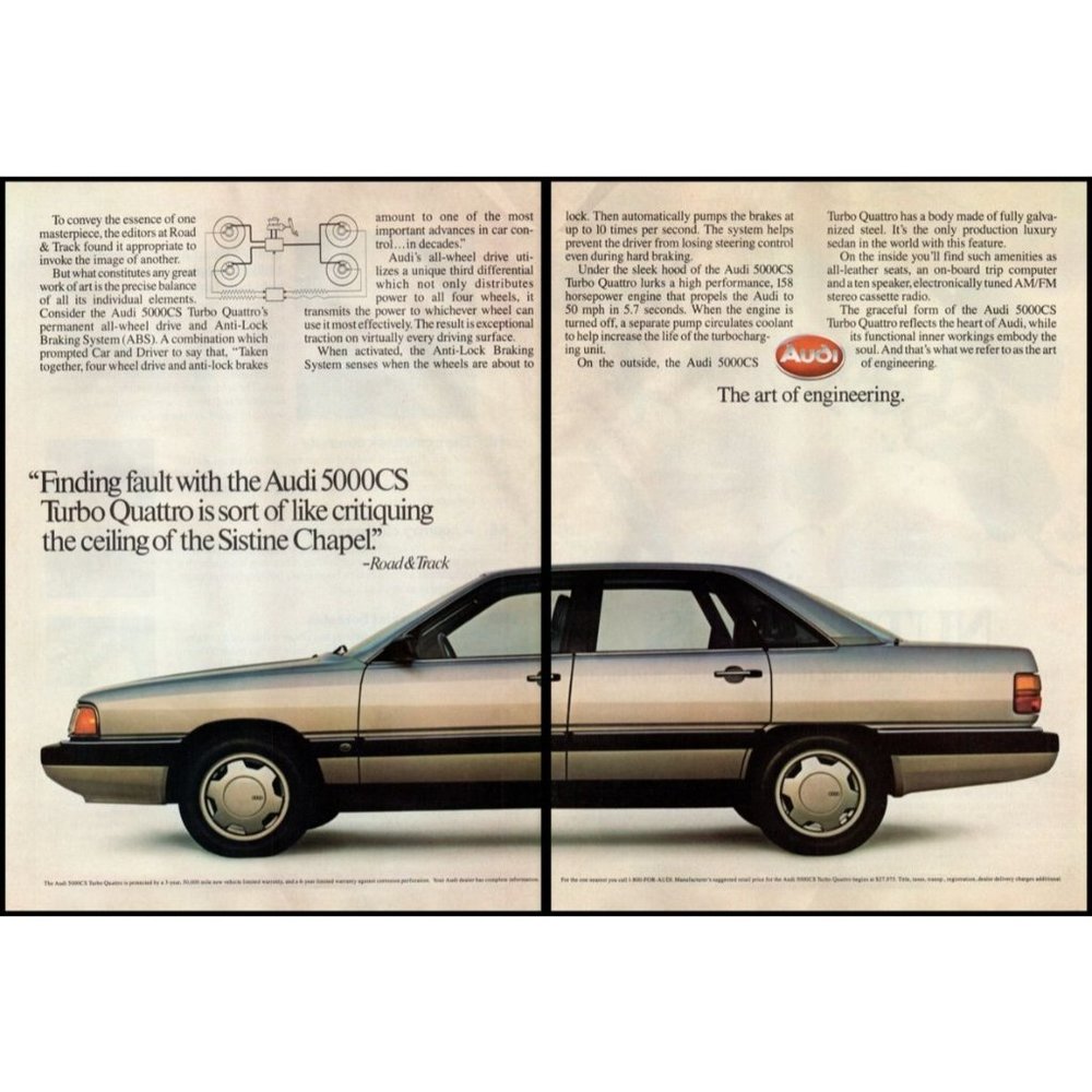 1986 Audi 5000CS Turbo Quattro Luxury Sedan 2 Page Vintage Print Ad Wall Art